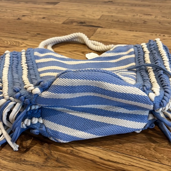 Large Boho Fringe Tote Bag Blue White Beach Bag - Picture 6 of 6